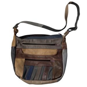 VTG Genuine Leather‎ Colorblock Crossbody Bag Patchwork Purse Retro Boho